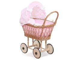 My Sweet Baby Wiklinowy wózek dla lalek wysoki z różową pościelką i wyściółką- naturalny
